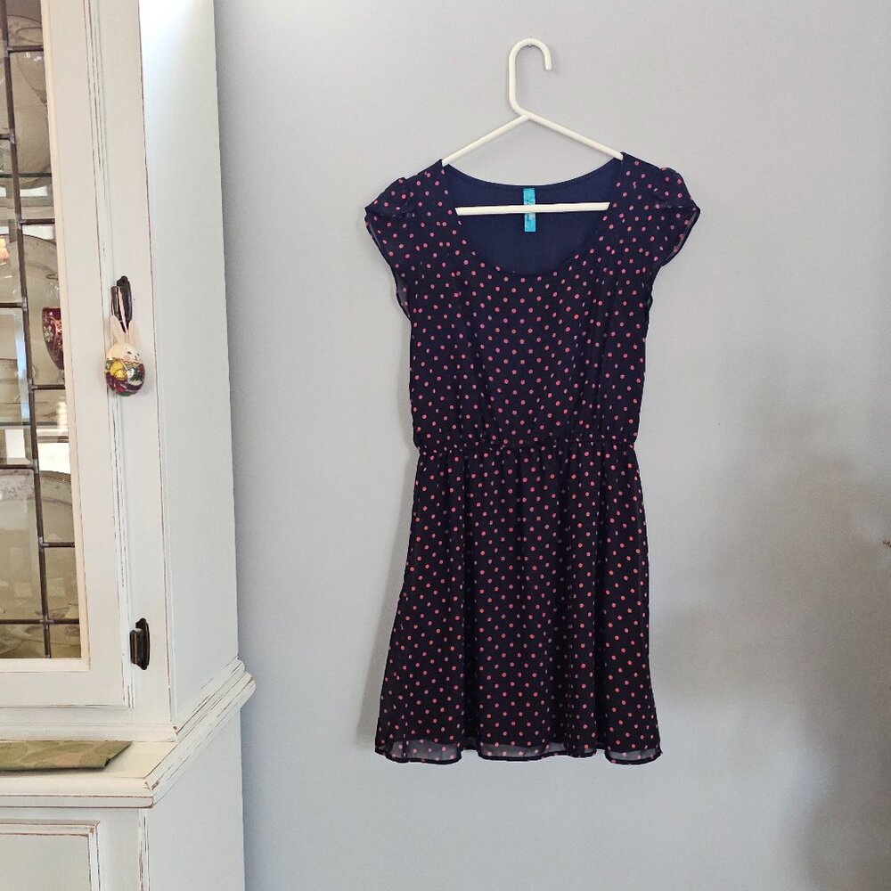 Francesca's Navy Blue and Red Polka Dot Dress